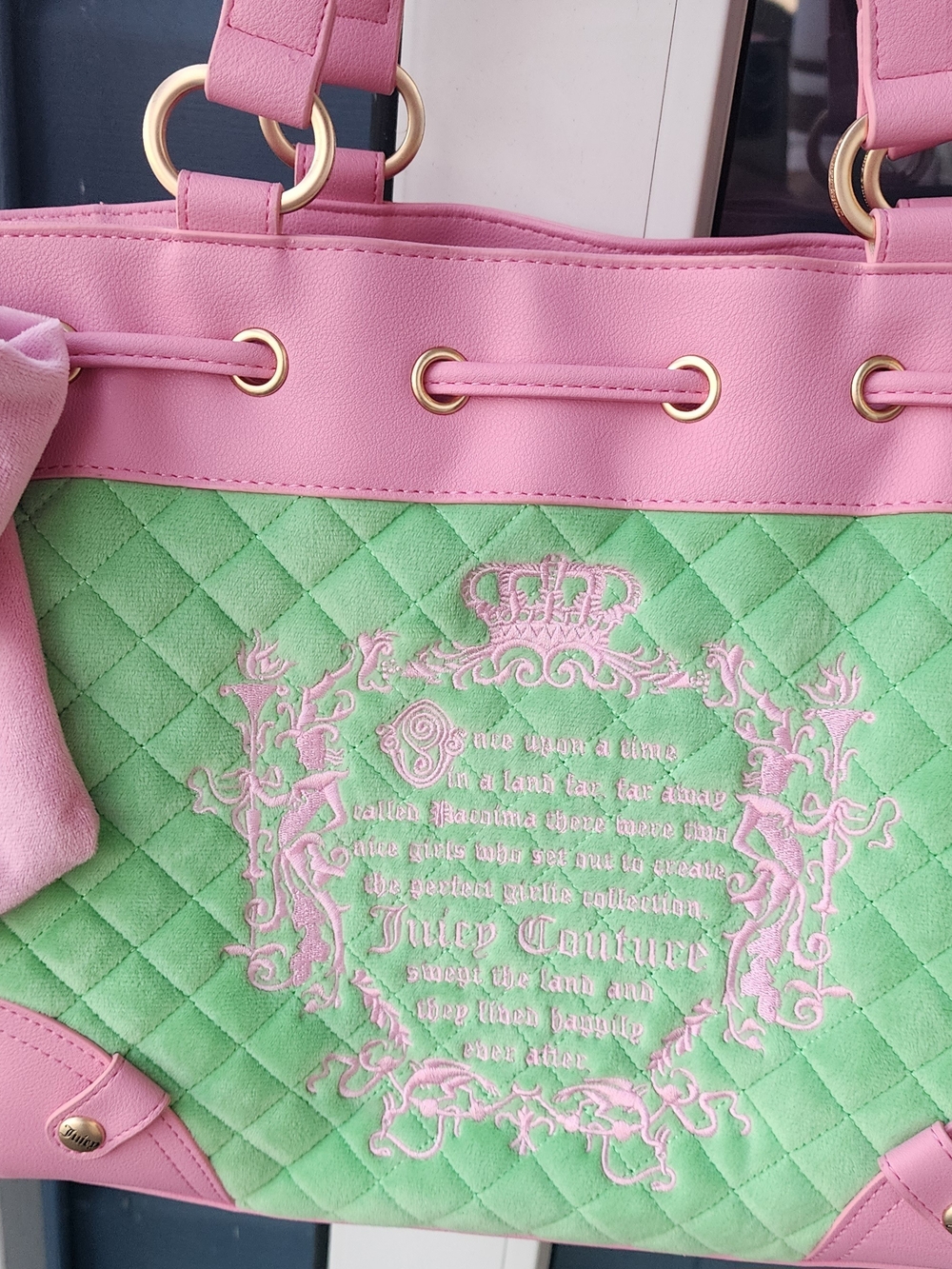 Juicy Couture Scottie Tote – Mint Green & Pink Quilted Velour with Oversized Bow